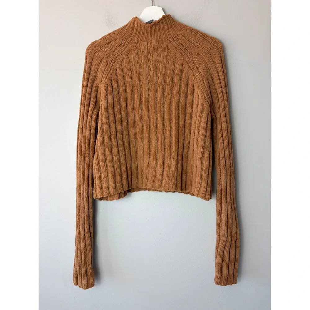 American Eagle Chenille Mock Neck Ribbed Crop Sweater Caramel Brown Women' Med